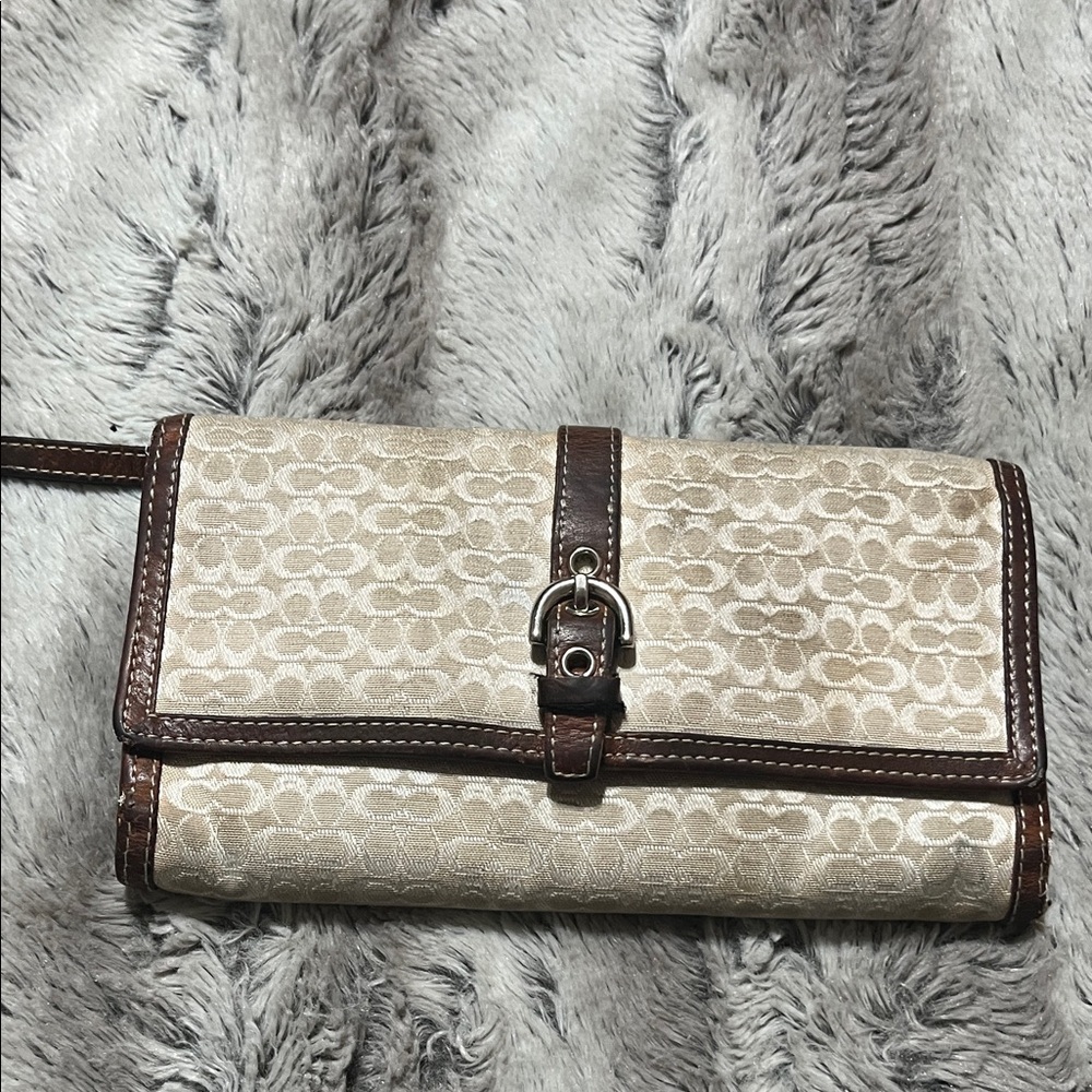 Coach Beige Signature Canvas Fold-Over wallet with Brown Leather Trim